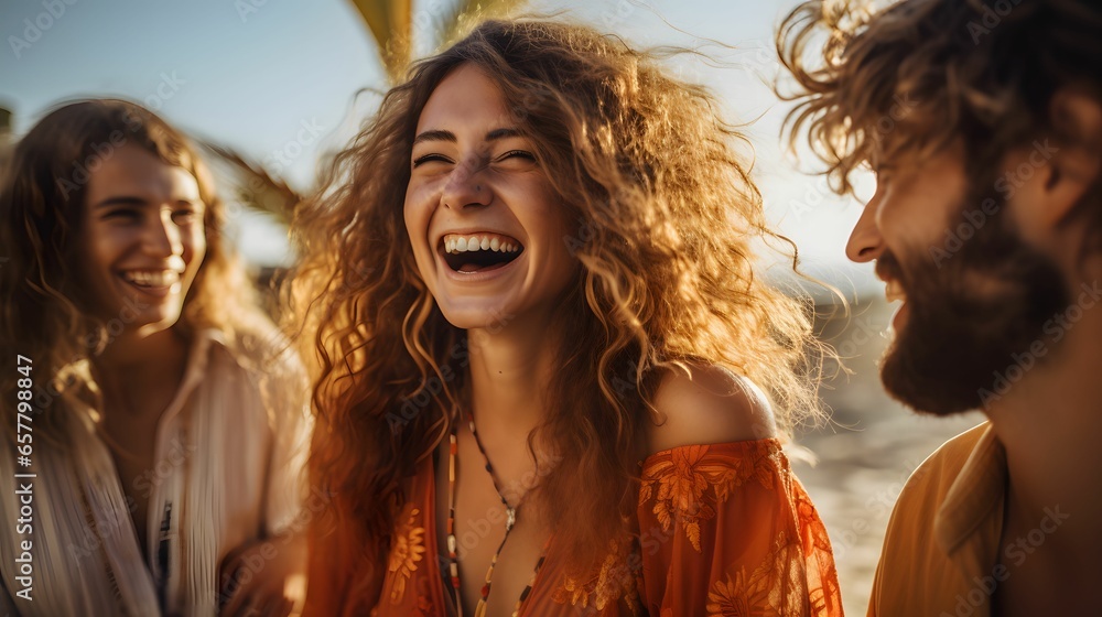 Fototapeta premium Group of friends having fun on the beach. Generative Ai