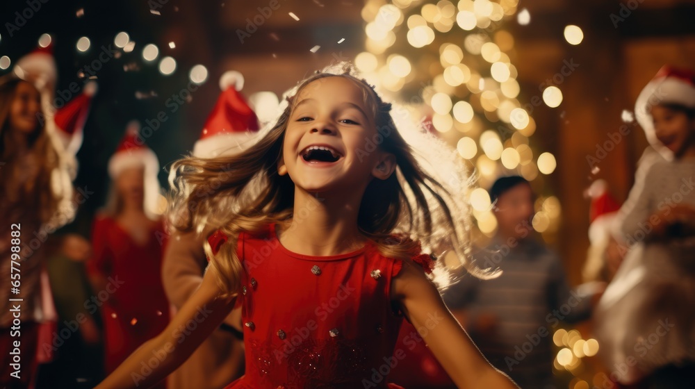 Children dance at Christmas party in lights. Happy childhood. - obrazy, fototapety, plakaty 