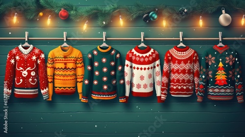 Flat lay of colorful National Ugly Christmas Sweater Day decorations on a wooden table