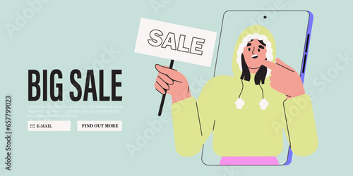 Special offer, promotion, big seasonal sale or discount vector character illustration concept for banner, web or landing page. Woman hold banner or placard with sale or black Friday announcement.