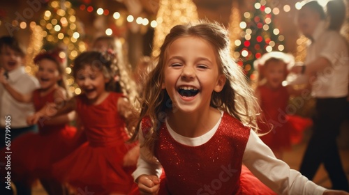 Children dance at Christmas party in lights. Happy childhood.