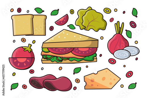 Tasty sandwich with ingredient cheese and vegetables