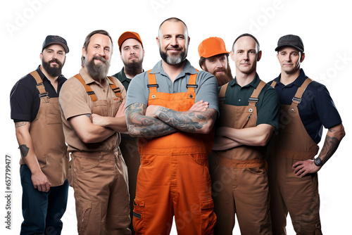 Happy Mechanic Team Crossing Arms Isolated on Transparent Background.