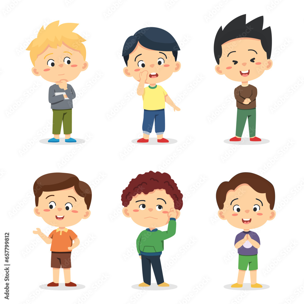 Set of Happy multiethnic preschool boys standing in different action Set of Happy multiethnic preschool boys standing in different action