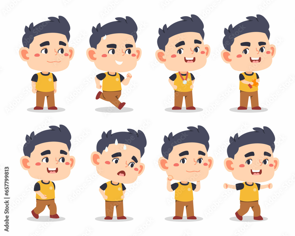 Set of Happy multiethnic preschool boys standing in different emotion Set of Happy multiethnic preschool boys standing in different emotion