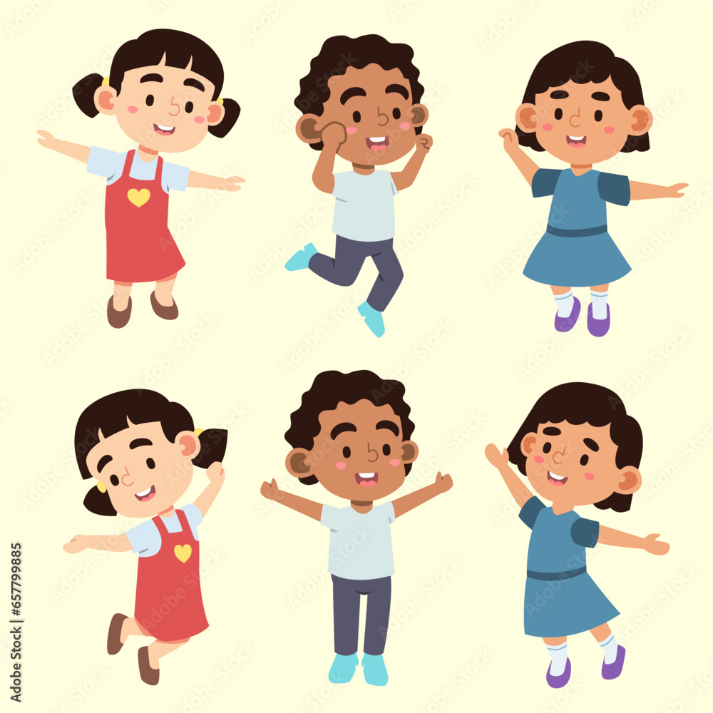 Set of Happy multiethnic preschool girls standing in different action