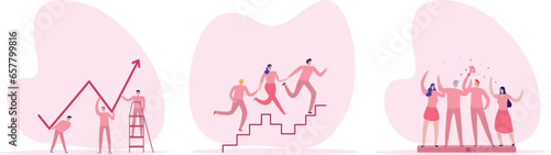 Business teamwork set. Character trying to achieve goals and other  activity to successfully achieving goals to self improving.