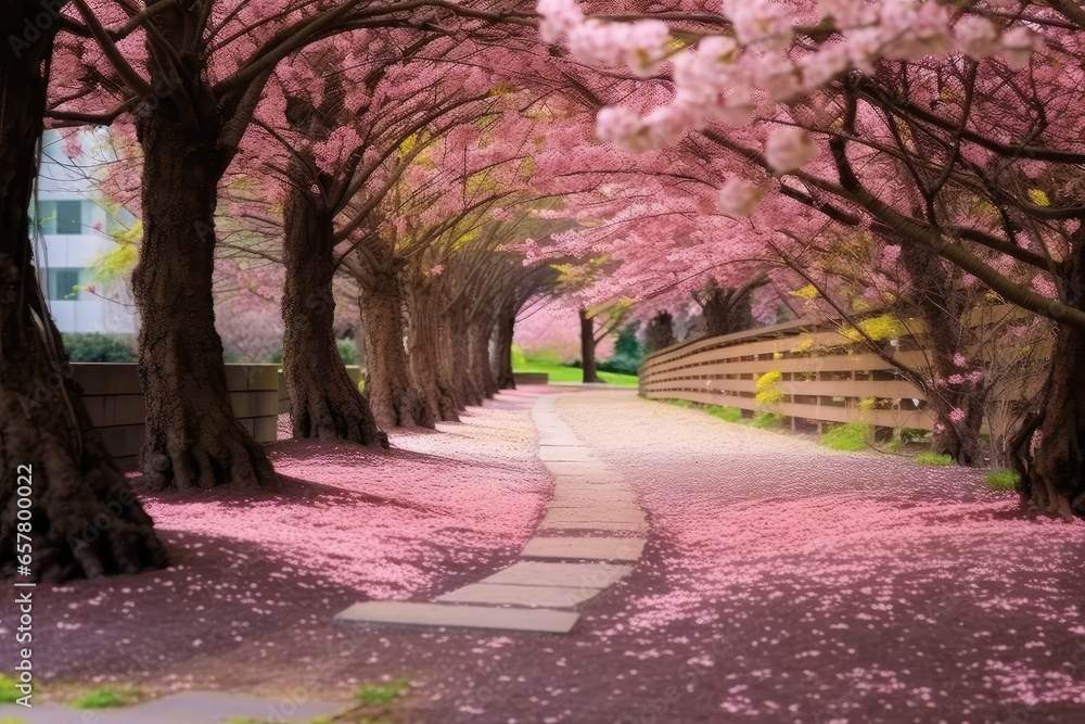 Cherry Blossom Canopy Walkway. Pathway under a canopy of blooming cherry blossoms.