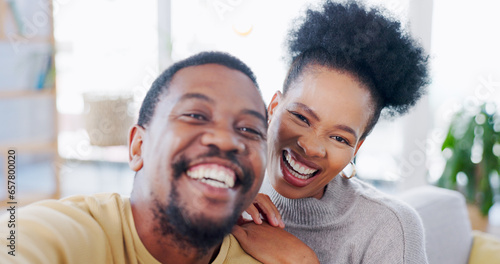 African couple, selfie and sofa with smile, hug and post on web blog, love and bonding in home. Black woman, man and photography for happy memory, profile picture and romance on social media in house