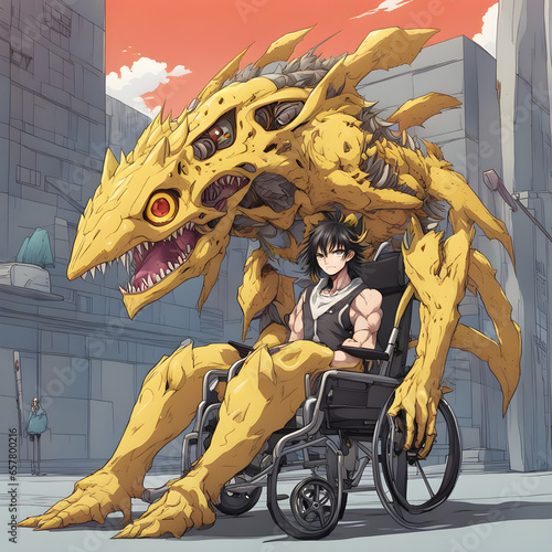 a monster with sharp teeth, yellow eyes, bring a snack, and Using a wheelchair that looks like a jet-powered car.