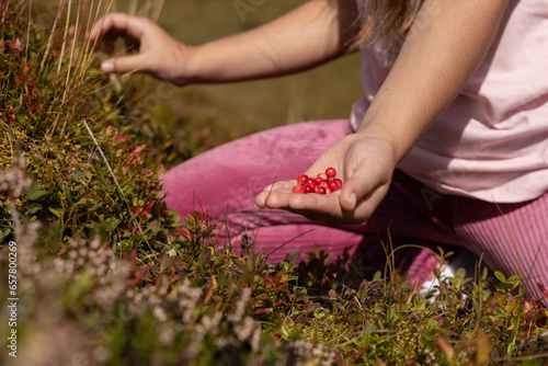 Foto A girl in pink holds in her palm a bright red lingonberry collected on the slope