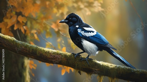 Eurasian magpie on a tree branch in the forest.upfron.Generative AI