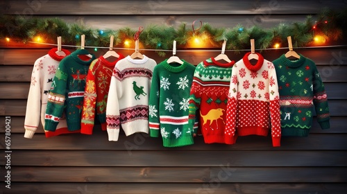 Flat lay of colorful National Ugly Christmas Sweater Day decorations on a wooden table