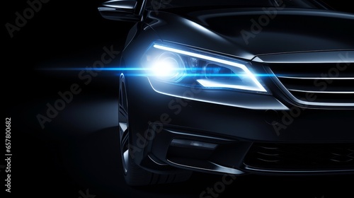 Illustration of a car with xenon lamp headlights on a black background, representing concepts related to renting a car, travel accidents, light assistance, or purchasing insurance for your vehicle
