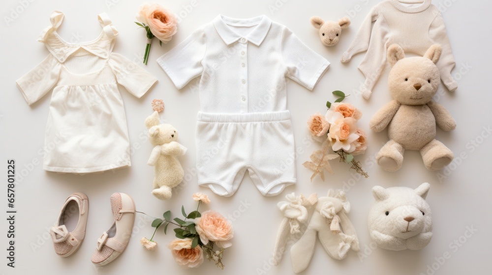 Flay lay of baby clothers and accessories. Top view Flay lay of baby clothers and accessories. Top view