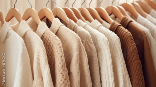 A collection of light beige and cream-colored knitted sweaters and jumpers, neatly stacked on hangers, captured from an overhead perspective. These cozy garments are perfect for the fall and winter