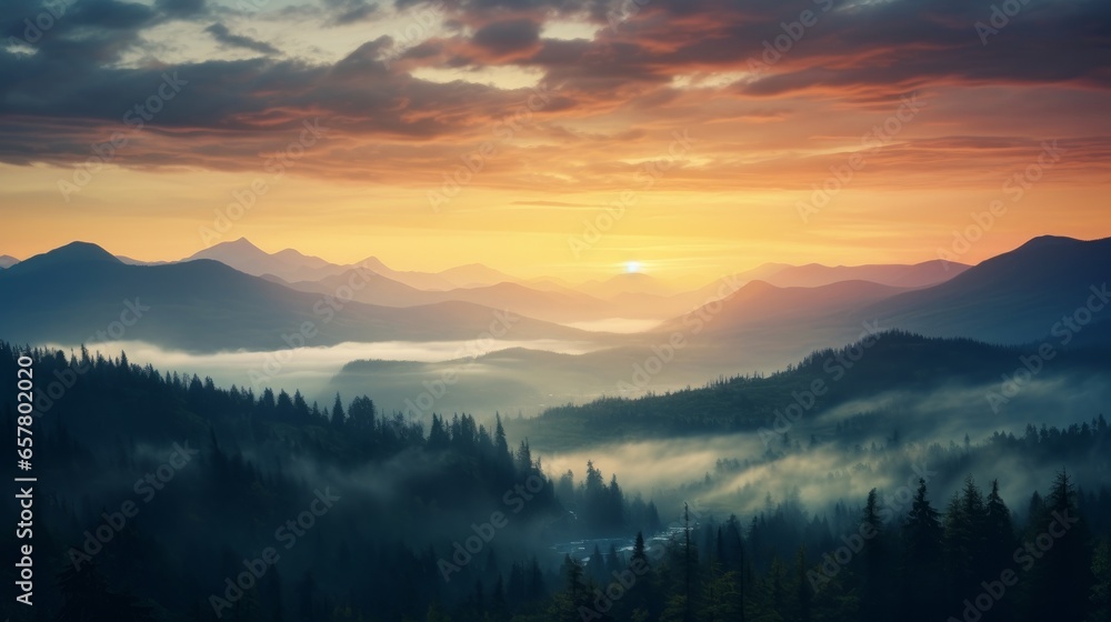 A stunning scene of the misty and vibrant sunset sky above a pine forest and a range of mountains during a cloudy evening.