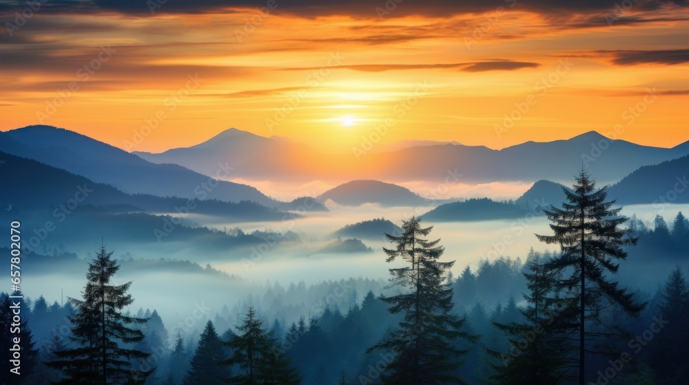 A stunning scene of the misty and vibrant sunset sky above a pine forest and a range of mountains during a cloudy evening. A stunning scene of the misty and vibrant sunset sky above a pine forest and a range of mountains during a cloudy evening.