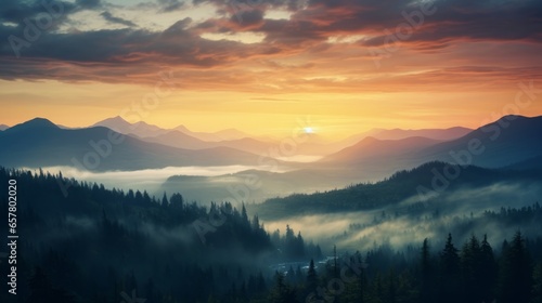 A stunning scene of the misty and vibrant sunset sky above a pine forest and a range of mountains during a cloudy evening.