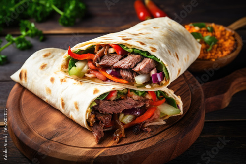 Mexican tortilla wrap sandwich with beef, vegetables and spices on a rustic wooden board 