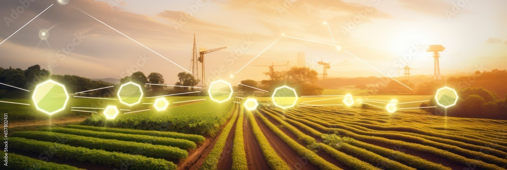 Introduction of technological solutions in the agro-industrial complex. Studying the quality of soil and plants, calculating the growth of profits and investments. - obrazy, fototapety, plakaty 