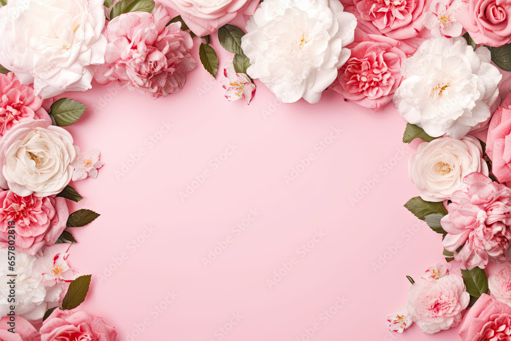 Elegant Roses and Peonies floral Frame on Soft Pink Background