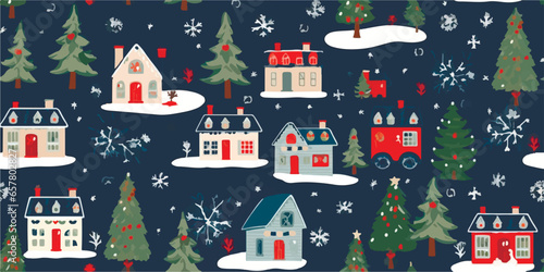Christmas seamless pattern with Christmas houses, holiday, Christmas trees, vector pattern for wrapping paper, wallpaper, textile, fabric