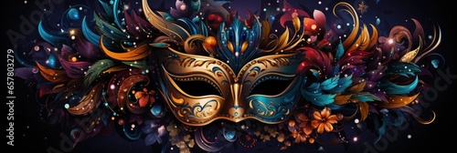 Mardi gras mask, colorful carnival decoration on black, banner. 