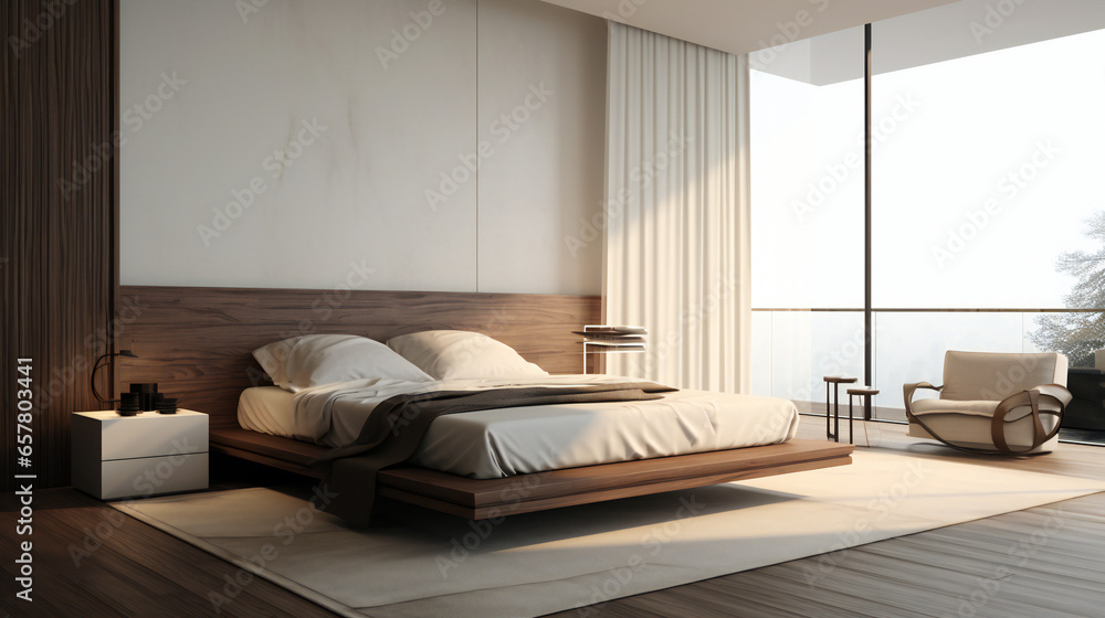 Minimalist Bedroom Design. Generative AI.