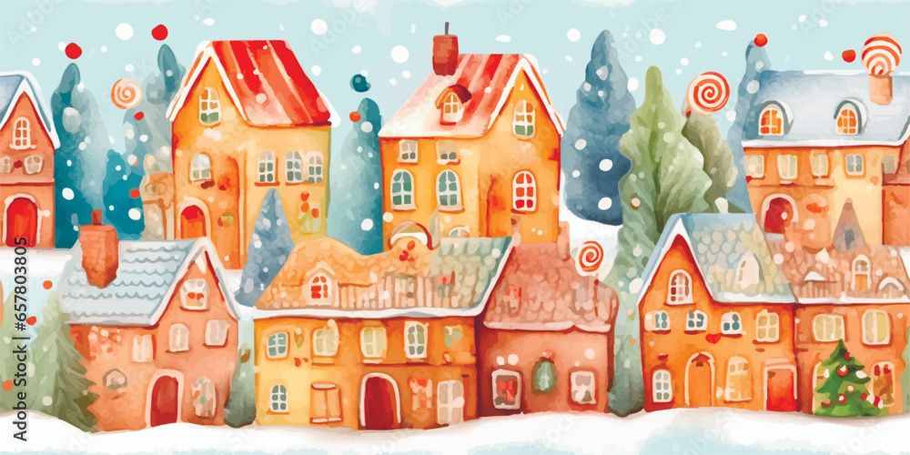 Seamless pattern Winter houses ,landscape,Celebrating Christmas and New Year in City. Vector seamless pattern, winter wonderland in countryside