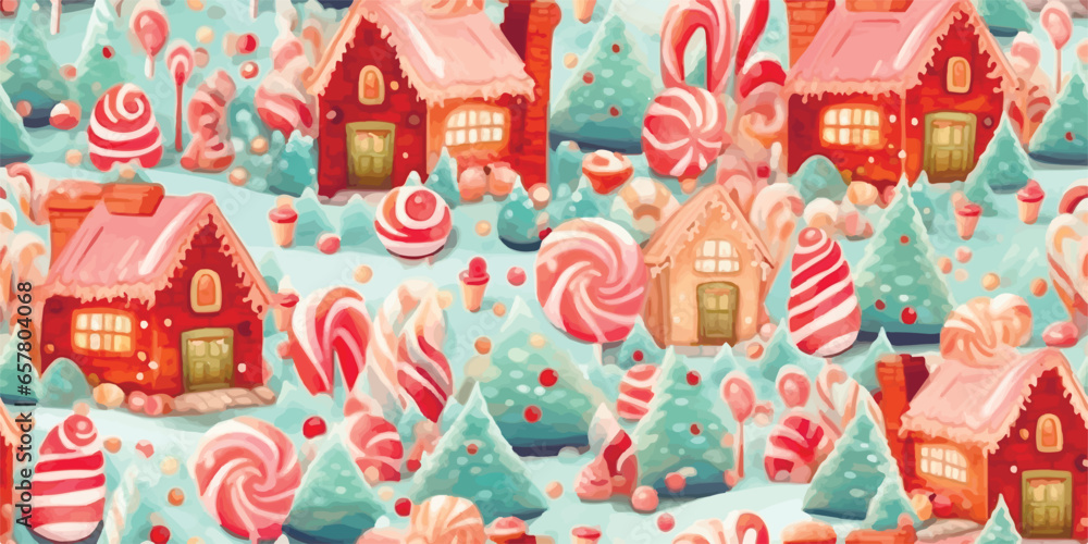 Seamless vector pattern with cute gingerbread houses and cookies. Perfect for textile, wallpaper or print design. Winter holidays fairytale, festive, treats, new year, Christmas market