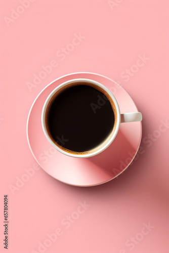 Cup of coffee on saucer on pink background.