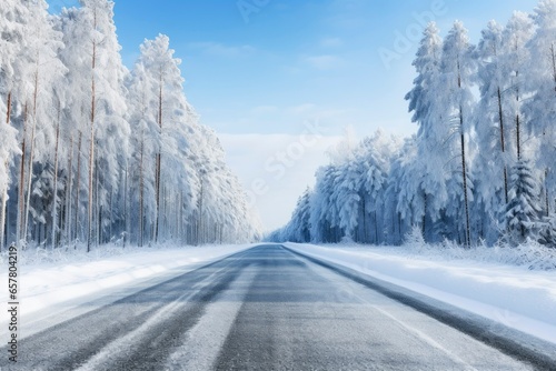 Asphalt concrete road with winter forest © Inna