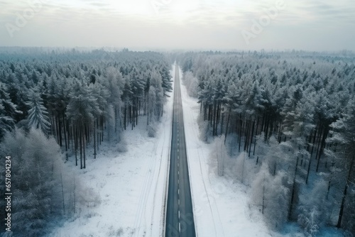 Asphalt concrete road with winter forest