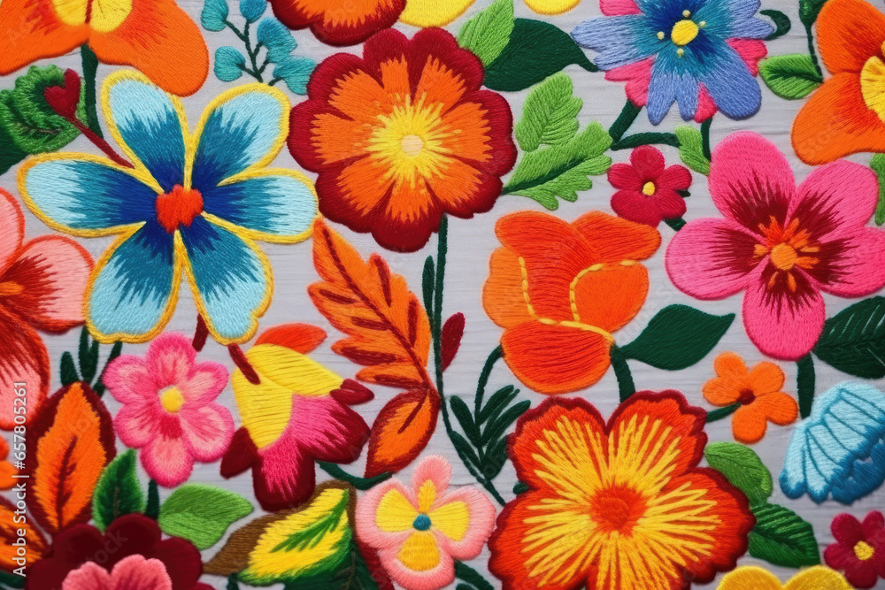Variegated floral embroidery on fabric pattern background. 