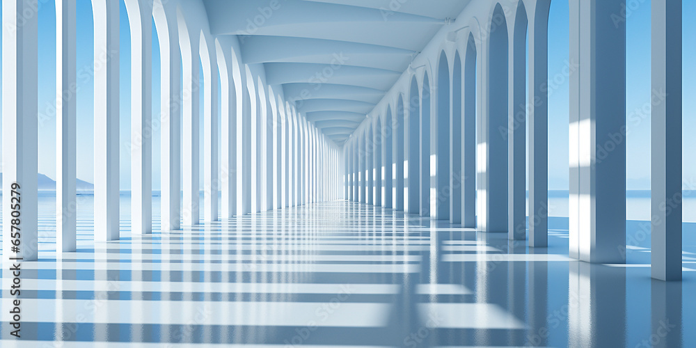 Naklejka premium Architektur in schönen hellen Blau Pastell Töne in eleganter Bauweise Querformat als Banner, ai generativ