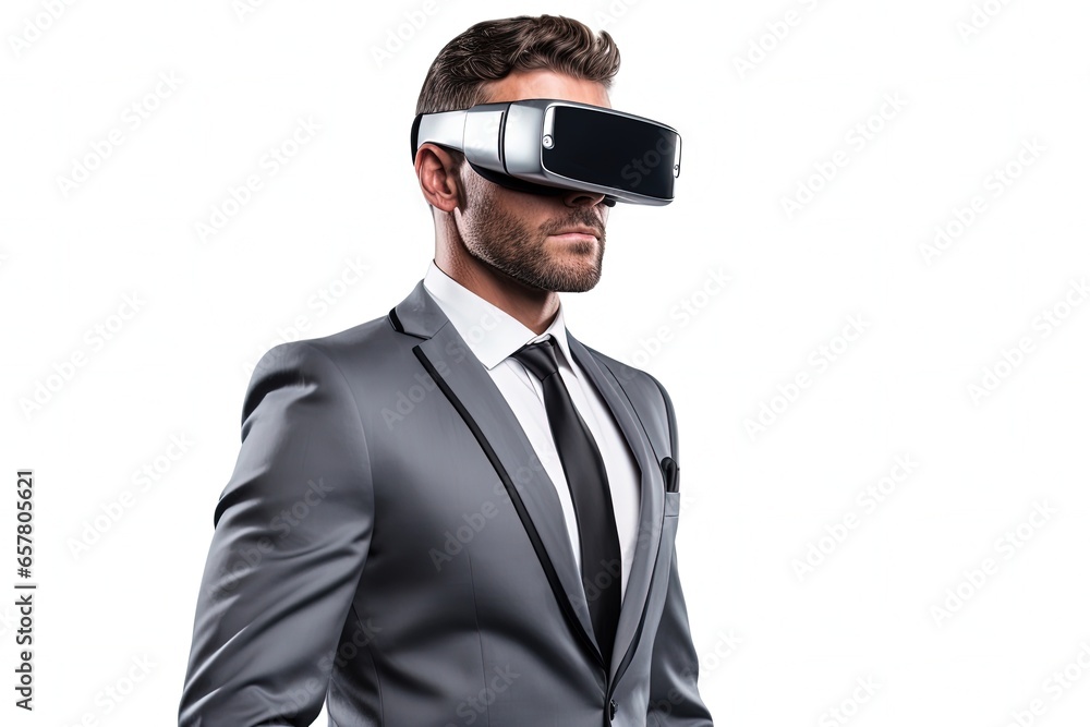 Businessman with virtual reality glasses, business and technology, white background. Generative AI Businessman with virtual reality glasses, business and technology, white background. Generative AI
