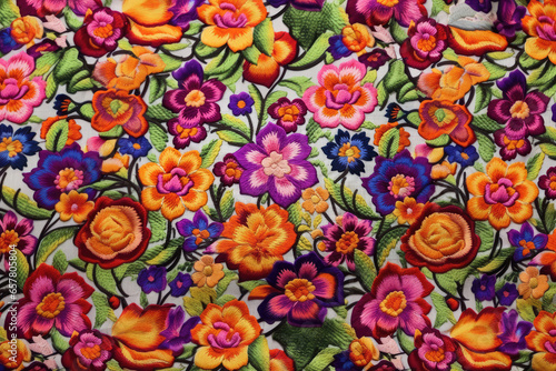 Colorful floral embroidery on fabric pattern background  © AI Exclusive 