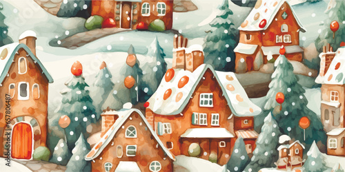Seamless pattern Winter houses ,landscape,Celebrating Christmas and New Year in City. Vector seamless pattern, winter wonderland in countryside