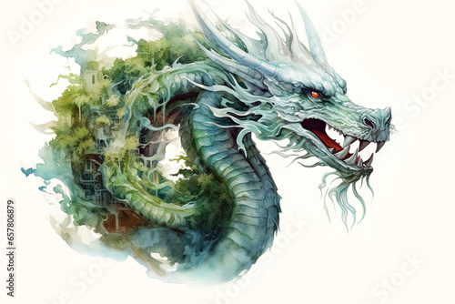 Green watercolor style dragon isolated on white background. Chinese New Year 2024 zodiac sign, year of the Dragon. Illustration of fantastic monster for postcard, book, poster, banner