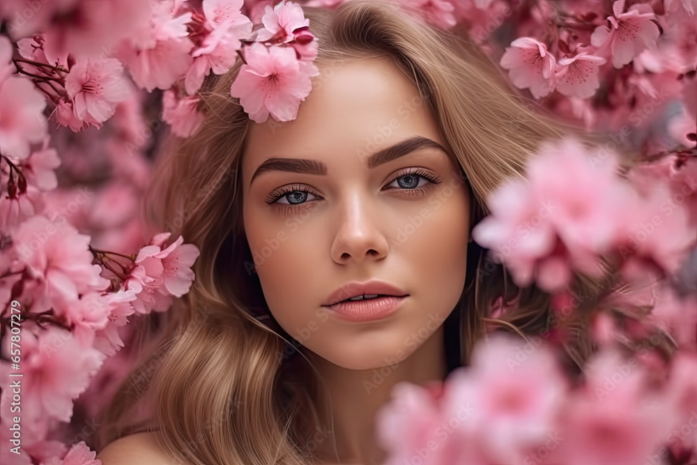 A European blonde girl surrounded by delicate pink sakura petals, exuding an air of elegance.