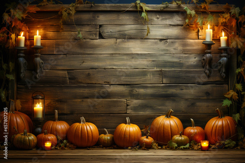 Interior decoration for Halloween celebration. There are many different pumpkins and lighted candles on the wooden table.