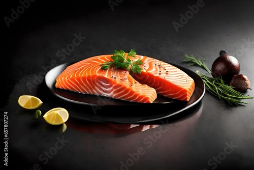 Raw salmon steak isolated on black background with reflection.