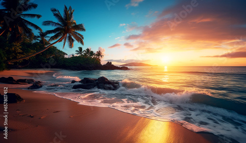 Landscape of paradise tropical island beach at sunset