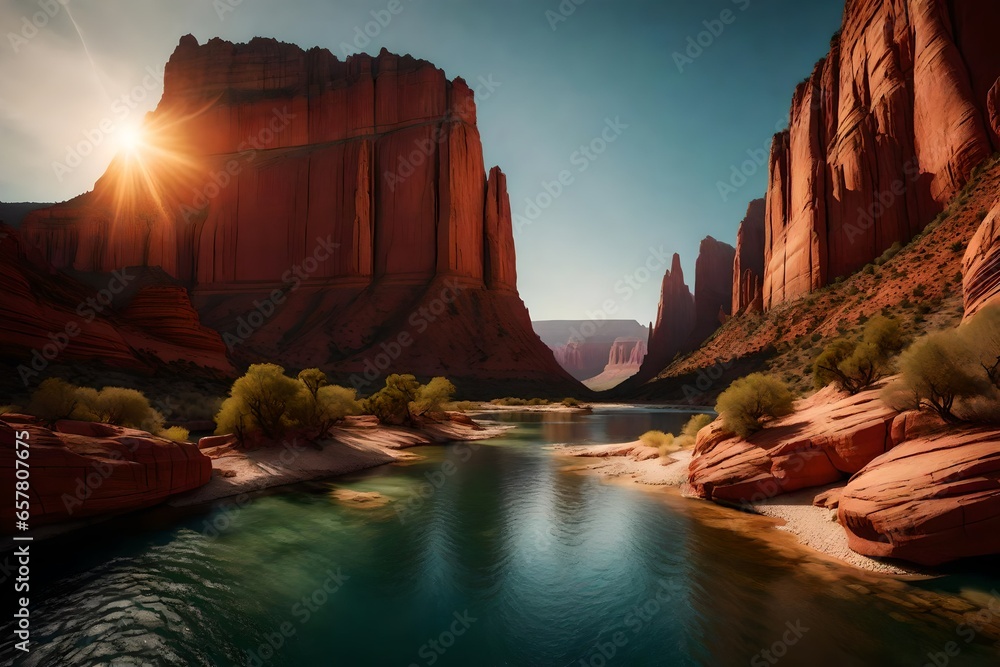  landscape with winding river and red rock formations.