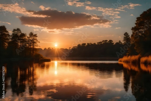 sunset over a calm lake with vibrant reflections.