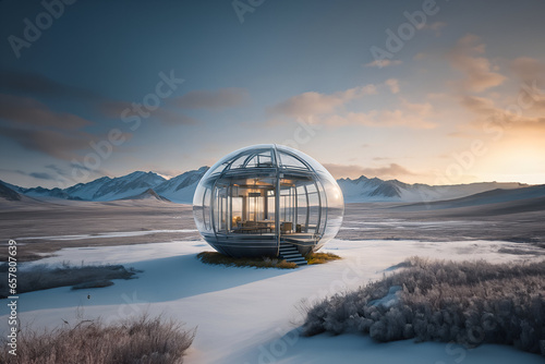 Transparent glass capsule house in the middle of a tundra - Generative AI © alpermer