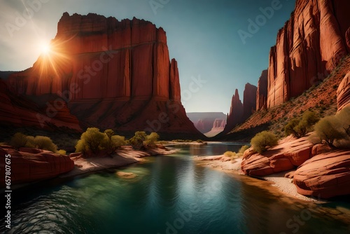  landscape with winding river and red rock formations.