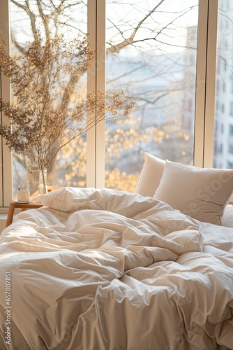 Bed with a lovely airy beige blanket, with copy space on a blank wall © Daniil