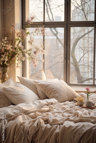 Bed with a lovely airy beige blanket, with copy space on a blank wall